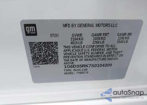 2025 Cadillac Ct5 Premium Luxury Rwd z USA, uszkodzony, nr VIN 1G6DS5RK7S0104309